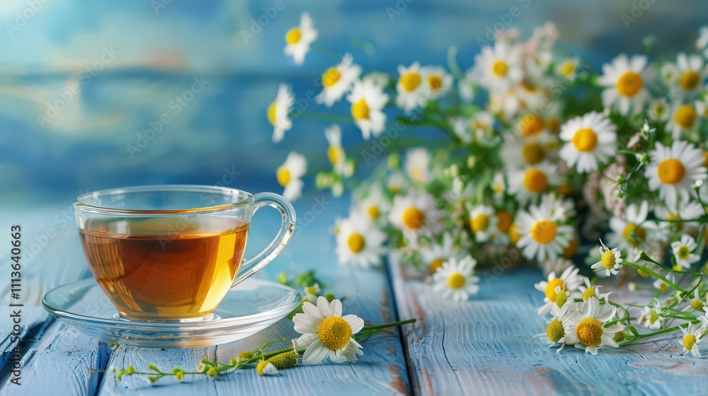 Chamomile herbal tea with flower buds on a blue wooden table and a bouquet of chamomile. Useful herbal, soothing drinks and natural healer concept. Immunity tea.Close up. Copy space. Chamomile herbal tea with flower buds on a blue wooden table and a bouquet of chamomile. Useful herbal, soothing drinks and natural healer concept. Immunity tea.Close up. Copy space.