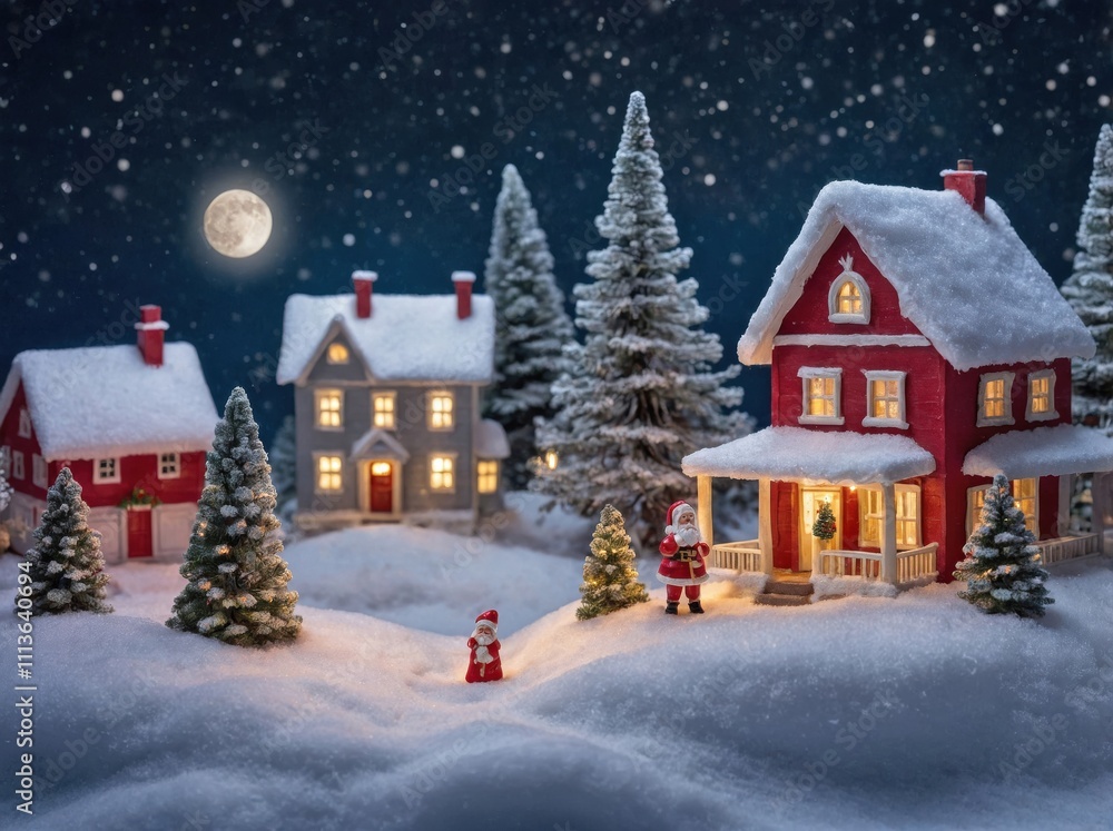 A miniature snowy village display with Santa Claus doll standing.
