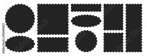 Vector set of black scalloped border in different shapes. Circle, square, oval and rectangle forms with frill lace edges. Scallop labels, flower frames or curved text box elements on white background