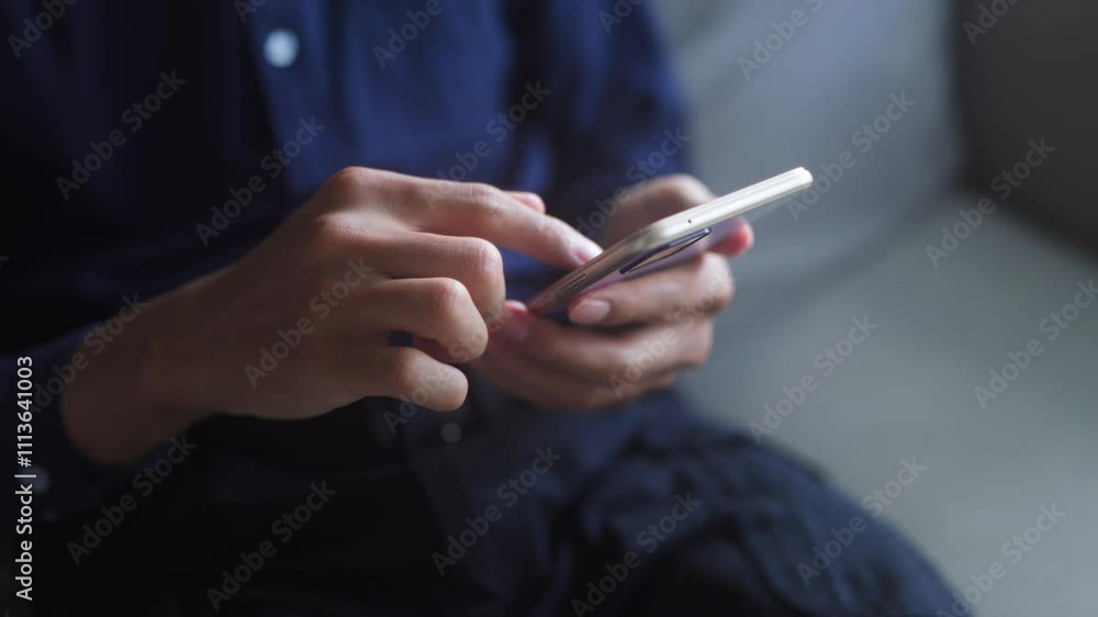 Man hold smartphone mobile addict spending time checking social media on sofa in living room Man hold smartphone mobile addict spending time checking social media on sofa in living room