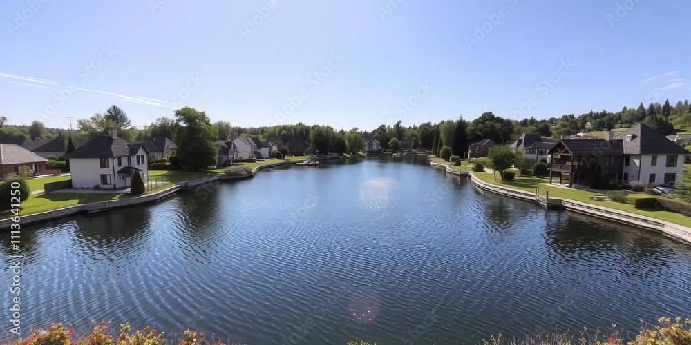 Breathtaking view of a square trail surrounded by houses and a glistening lake under clear blue skies, residential, peaceful Breathtaking view of a square trail surrounded by houses and a glistening lake under clear blue skies, residential, peaceful