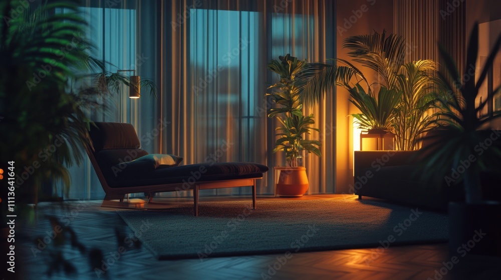 Fototapeta premium Serene Evening Living Room with Chaise Lounge and Plants