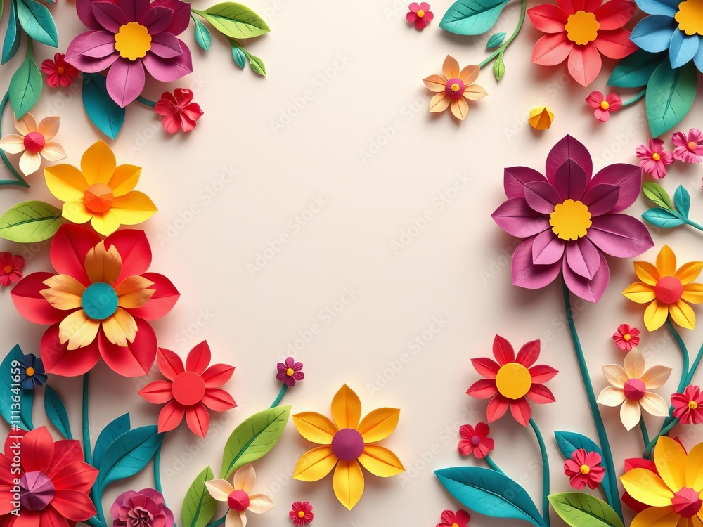 Bright and colorful paper cut flowers in folk style 3D paper art, top view illustration with origami elements for a vibrant background wallpaper, illustration, colorful Bright and colorful paper cut flowers in folk style 3D paper art, top view illustration with origami elements for a vibrant background wallpaper, illustration, colorful