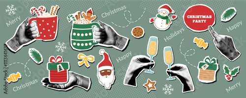 Christmas collage banner with Christmas objects and human hands. Christmas trendy pop art background.