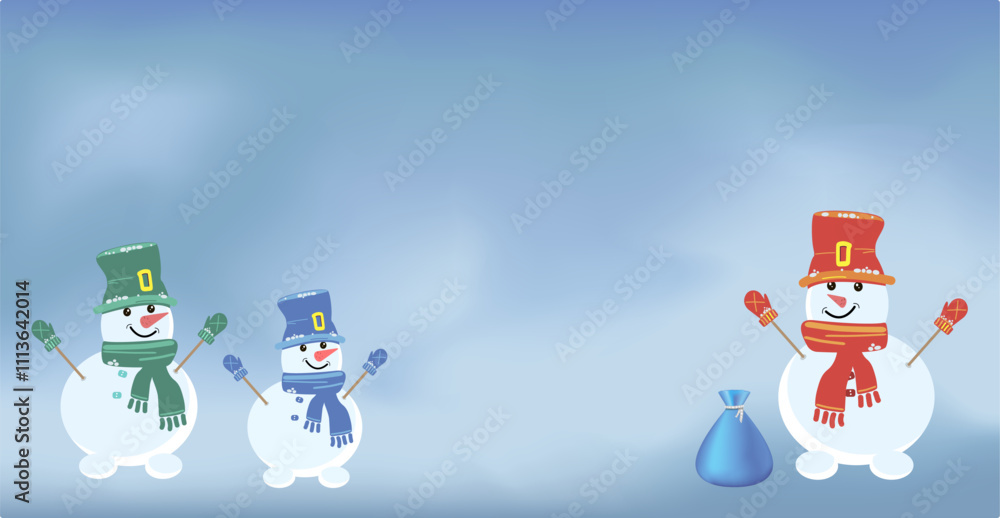 Fototapeta premium Happy snowmen in a scarf and hat on a blue background. The concept of a happy winter holiday, Christmas. 