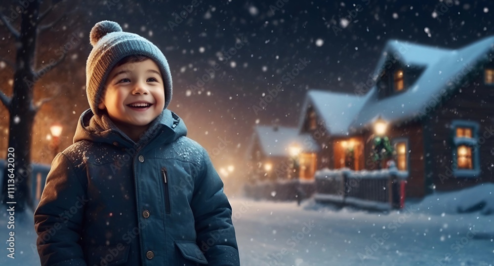 Happy child in winter night Happy child in winter night