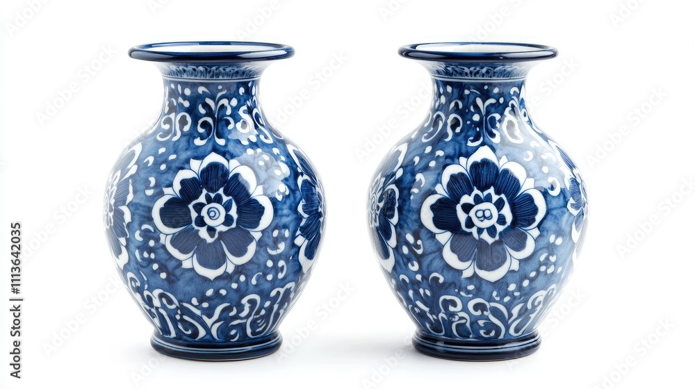 Two decorative blue and white vases with floral patterns, ideal for home decor. Two decorative blue and white vases with floral patterns, ideal for home decor.