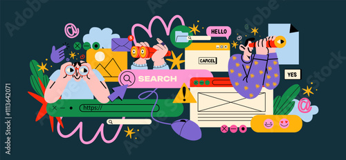 Cartoon characters with search bar and digital icons in memphis style. People with binoculars are looking for information. Surfing the Internet, website, online company. Search panel in the browser. 