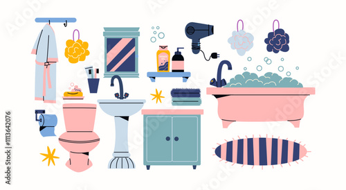 Set of bathroom interior elements. Cartoon shower room, bathtub, sink, towels, shelf with toiletries, mirror, toilet. Vector illustration, stickers