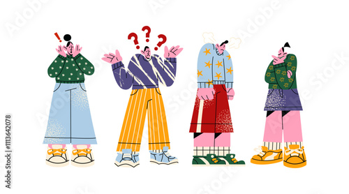 Characters with emotions of shock, surprise and anger. Cartoon emotional gesturing people. Enraged excited mascots with bright emotions of bewilderment, good and bad news. Vector illustration