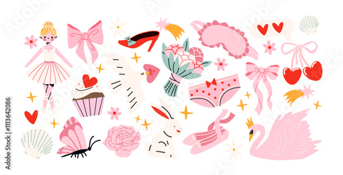 Lucky girls cartoon cute stickers. Set of girly patches with bows of girl power, flowers badges in retro doodle groovy vintage 90s style
