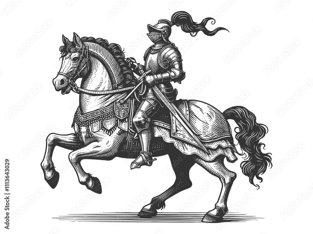 medieval knight in full armor riding a rearing horse, showcasing intricate, vintage engraving details sketch engraving generative ai vector illustration. Scratch board imitation. Black and white image medieval knight in full armor riding a rearing horse, showcasing intricate, vintage engraving details sketch engraving generative ai vector illustration. Scratch board imitation. Black and white image