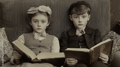 Vintage portrait of two children reading in early 20th century attire