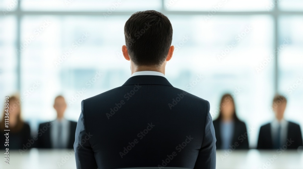 A professional scene showing a man in a suit facing a group, suggesting an interview or meeting environment with a modern backdrop. A professional scene showing a man in a suit facing a group, suggesting an interview or meeting environment with a modern backdrop.