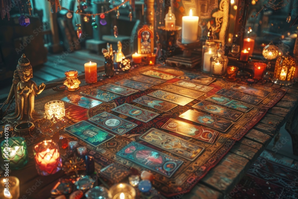 A fortune teller's table decorated with tarot cards, candles and gemstones. A fortune teller's table decorated with tarot cards, candles and gemstones.