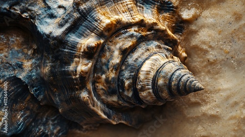 Dark Brown Spiral Seashell On Sandy Beach photo