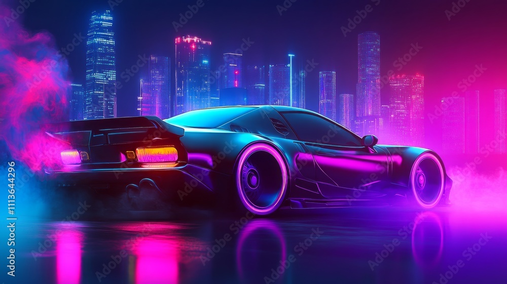 Cyberpunk sports car with neon lights reflecting on wet asphalt in a futuristic city at night. Cyberpunk sports car with neon lights reflecting on wet asphalt in a futuristic city at night.