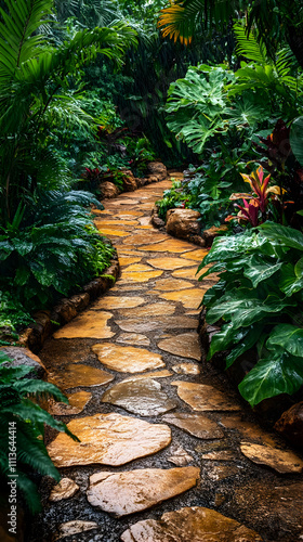 Rainy Tropical Garden Path Illustration