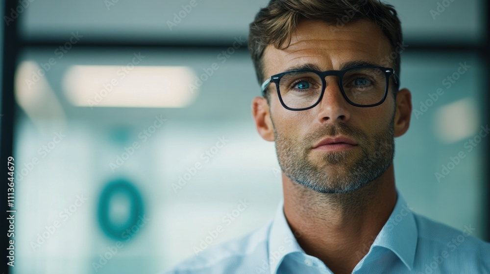 A focused man in glasses, dressed in a light blue shirt, gazes confidently at the camera, set in a modern office environment with soft lighting. A focused man in glasses, dressed in a light blue shirt, gazes confidently at the camera, set in a modern office environment with soft lighting.