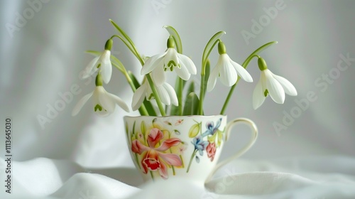 A delicate white snowdrop arranged in a colorful tea cup, showcasing its fragile blooms and unique design against white.