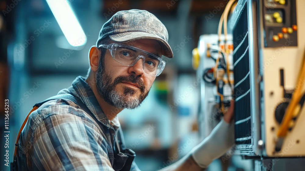 Worker skillfully installs air conditioner in vibrant office setting, showcasing tools and control panels amid a well-organized workspace Worker skillfully installs air conditioner in vibrant office setting, showcasing tools and control panels amid a well-organized workspace