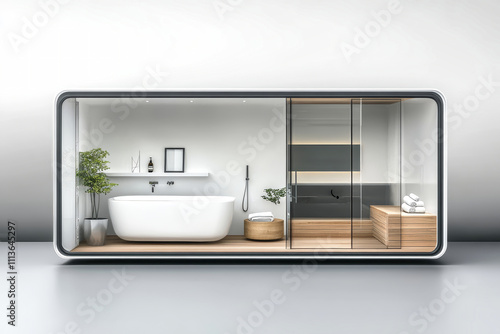 Elegant modern bathroom retreat featuring a sleek bathtub and glass steam room on a minimalist gray backdrop
