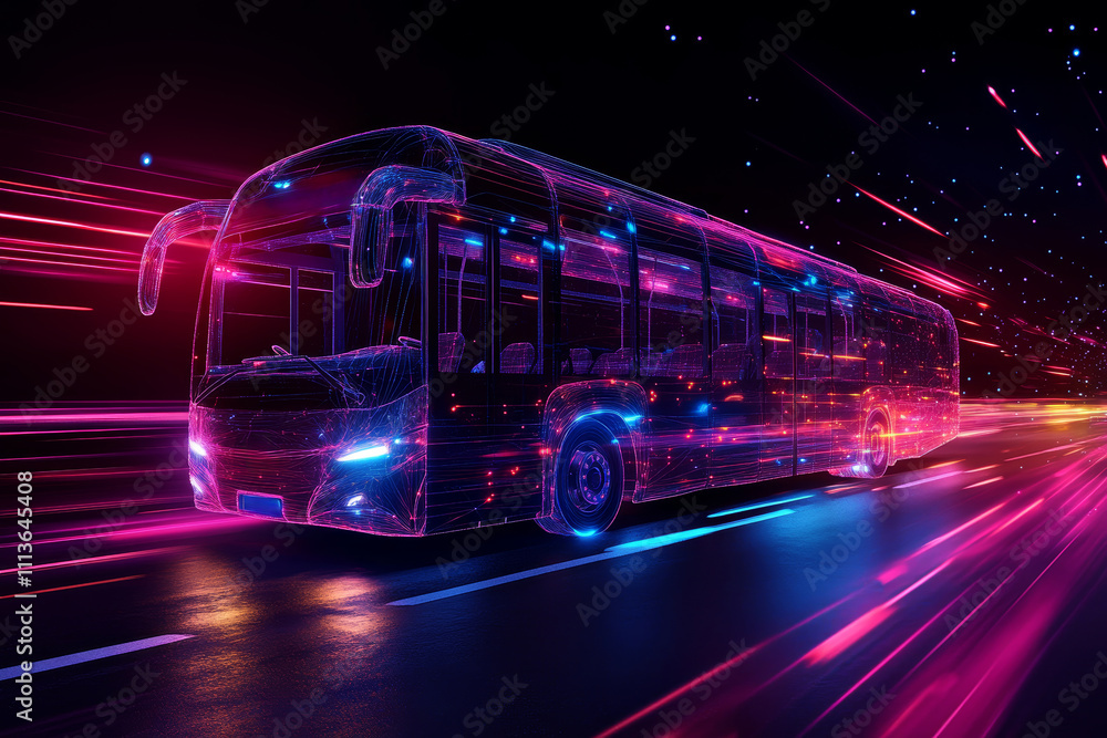 Fototapeta premium Passenger bus traverses a neon-lit highway in a hyperrealistic display of light and lines against a dark backdrop