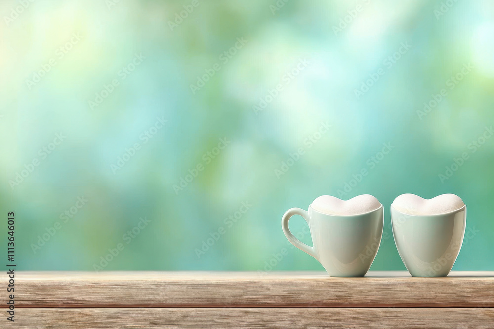 Heart shaped cups on wooden table create romantic atmosphere Heart shaped cups on wooden table create romantic atmosphere