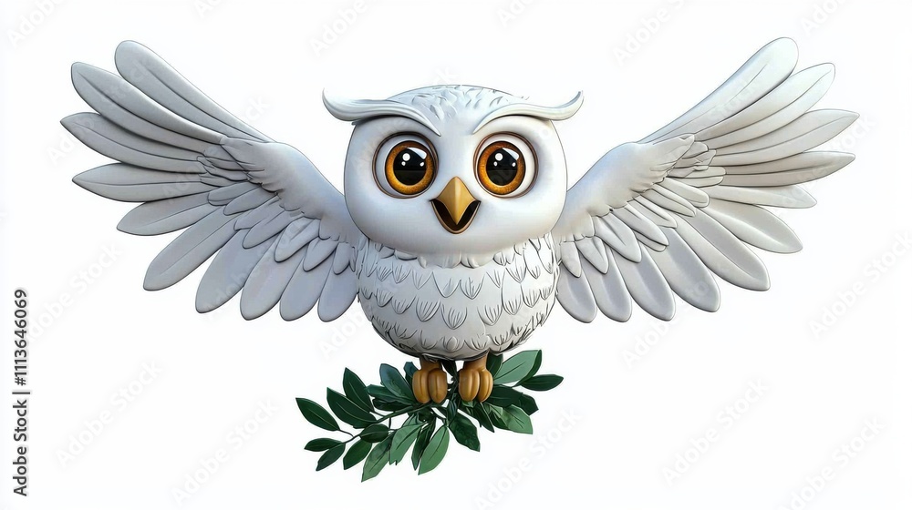 Obraz premium Beautiful Ethereal White Owl with Majestic Wings Perched on Tree Branch in Peaceful Nature Scene