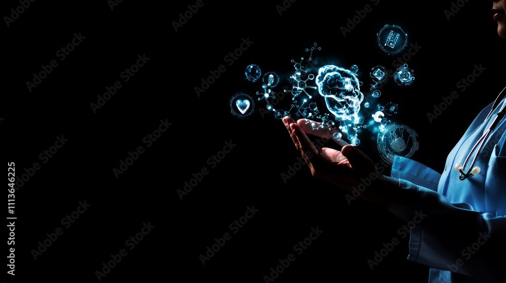 Doctor holding glowing digital medical icons. Doctor holding glowing digital medical icons.