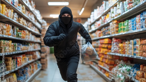 A thief wearing a mask running away with stolen goods from a shop. The image conveys motion and urgency, emphasizing the act of escape.
