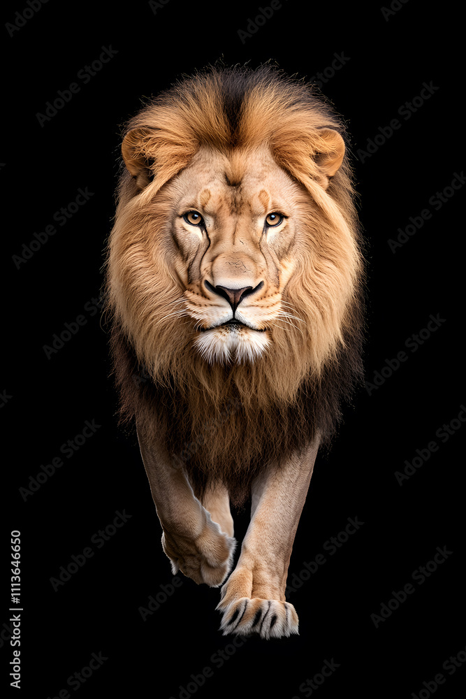 Lion walking through a dark, isolated on black background Lion walking through a dark, isolated on black background