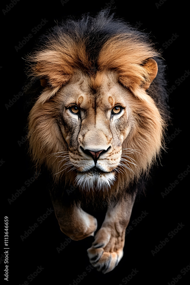 Lion walking through a dark, isolated on black background Lion walking through a dark, isolated on black background