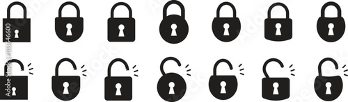 Padlock security icon set. Black locked unlocked padlock flat vector symbol collection isolated on transparent background. Safety lock cyber defense protection keyhole sign for apps or website