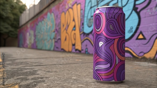 Vibrant purple aluminum can with abstract design placed on ground near graffiti wall, showcasing urban art and beverage packaging photo