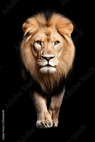 Lion walking through a dark, isolated on black background