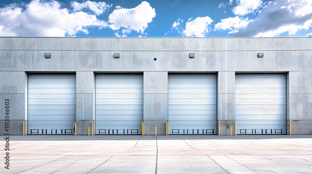 Modern industrial warehouse with sleek roller doors against a vibrant blue sky and fluffy clouds, showcasing clean architectural design Modern industrial warehouse with sleek roller doors against a vibrant blue sky and fluffy clouds, showcasing clean architectural design