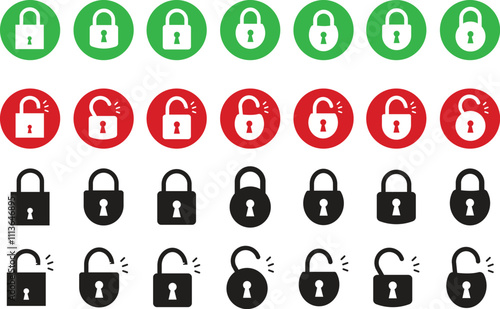 Padlock security icon set. Black locked unlocked padlock flat vector symbol collection isolated on transparent background. Safety lock cyber defense protection keyhole sign for apps or website