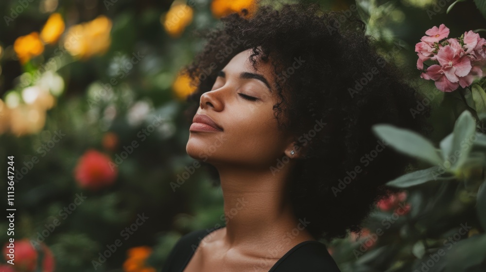 A woman with curly hair is sitting in a garden, looking up at the sky A woman with curly hair is sitting in a garden, looking up at the sky