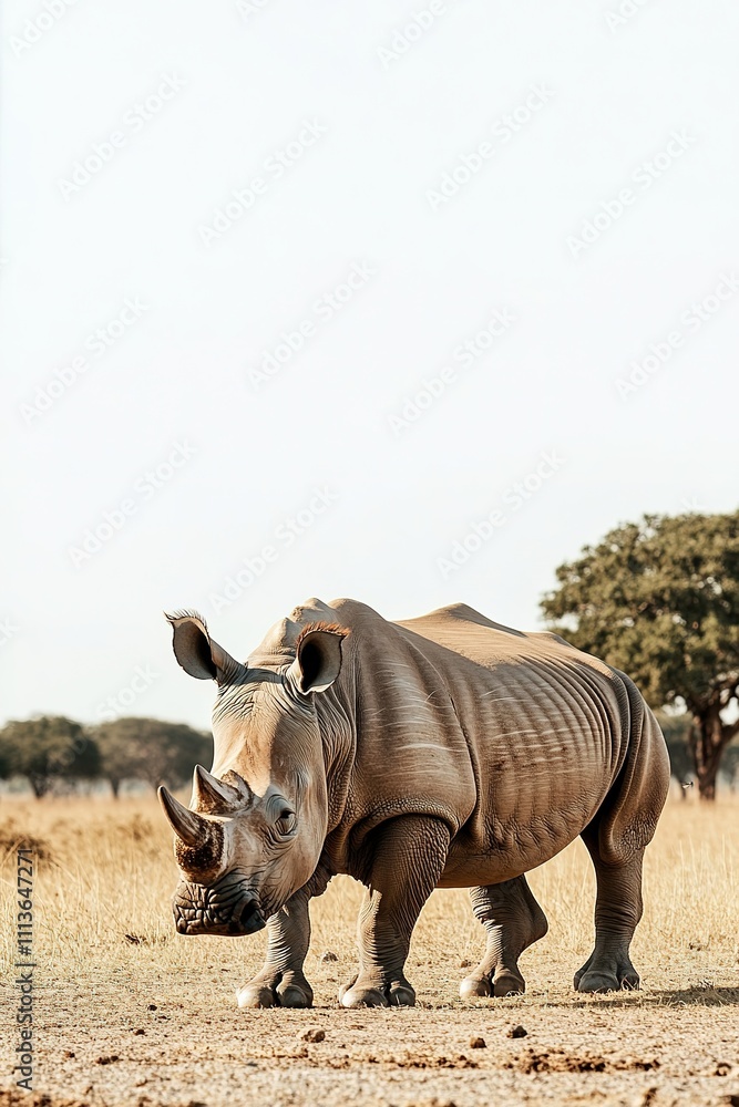 Rhino standing in African savanna under blue sky