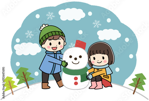 雪だるまと雪遊びをする子供たちのイラスト