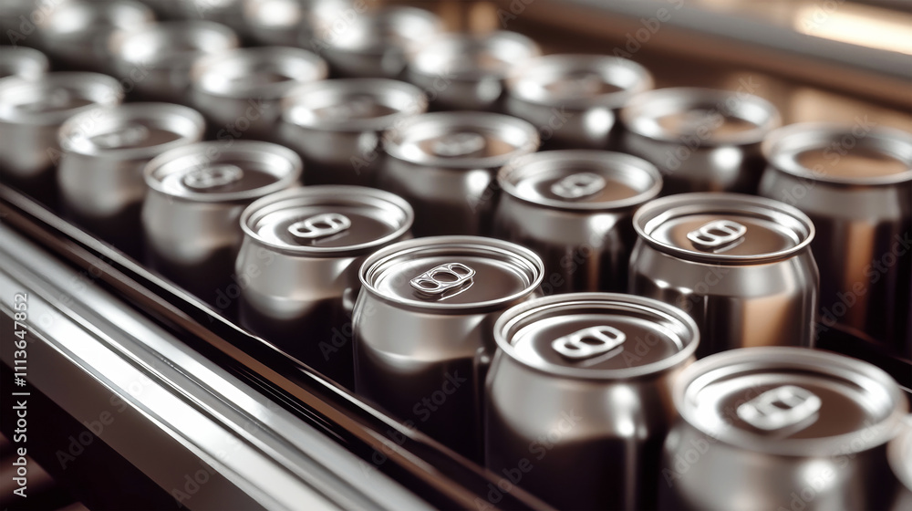 Close-up view of silver beer cans rolling along a conveyor belt in a bustling production line at a modern factory setting Close-up view of silver beer cans rolling along a conveyor belt in a bustling production line at a modern factory setting
