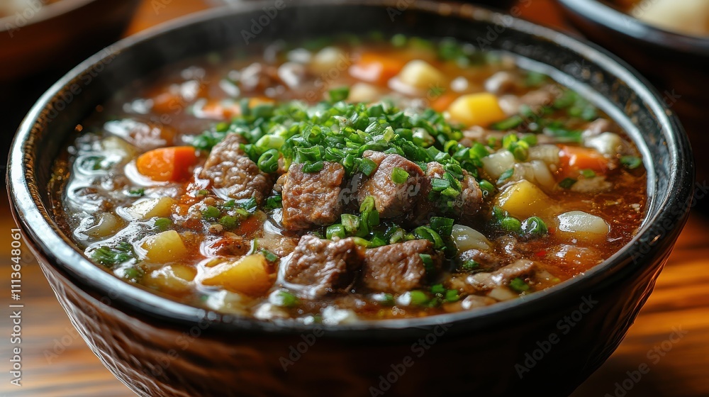 a bowl of soup with meat and vegetables a bowl of soup with meat and vegetables