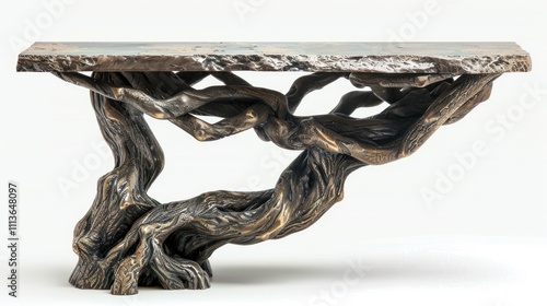 A sculptural console table with a natural, organic design resembling twisted branches. photo