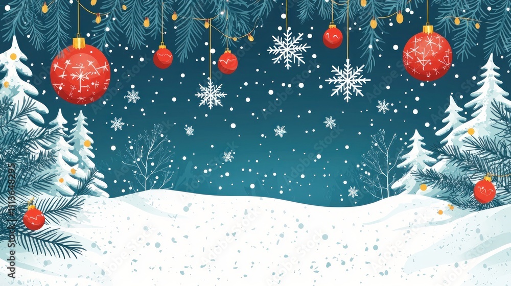 Festive Winter Wonderland Scene with Snow, Red Ornaments, and Snowflakes Surrounded by Evergreens Perfect for Holiday Celebrations and Seasonal Greetings Festive Winter Wonderland Scene with Snow, Red Ornaments, and Snowflakes Surrounded by Evergreens Perfect for Holiday Celebrations and Seasonal Greetings
