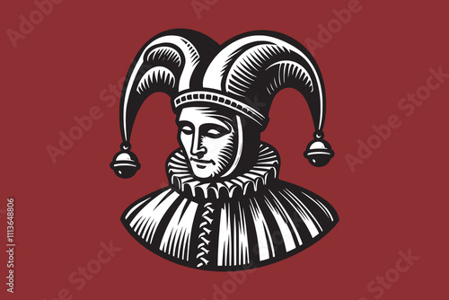 Medieval jester. Vintage engraving vector illustration. Logo, emblem, woodcut. Black and white line art	