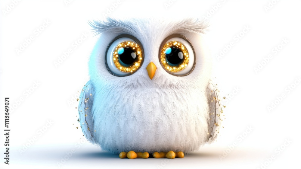 Fototapeta premium Adorable Blue Fluffy Owl with Big Eyes on Blank White Background