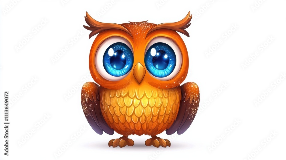Naklejka premium Cute Cartoon Owl with Big Bright Blue Eyes in Orange Feather Plumage