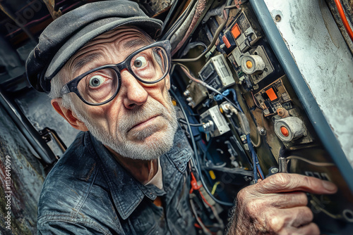 Elderly electrician diligently restores power in a rustic office, showcasing expertise in the intricate workings of electrical panels photo