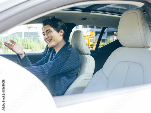 Картината върху платно ドライバー、運転、譲る、マナー、思いやり、笑顔、自動車、交通、横断歩道、安全、一時停止、ルール、免許、教習所、男性、日本人、ドライブ、爽やか、運転席、インテリア
